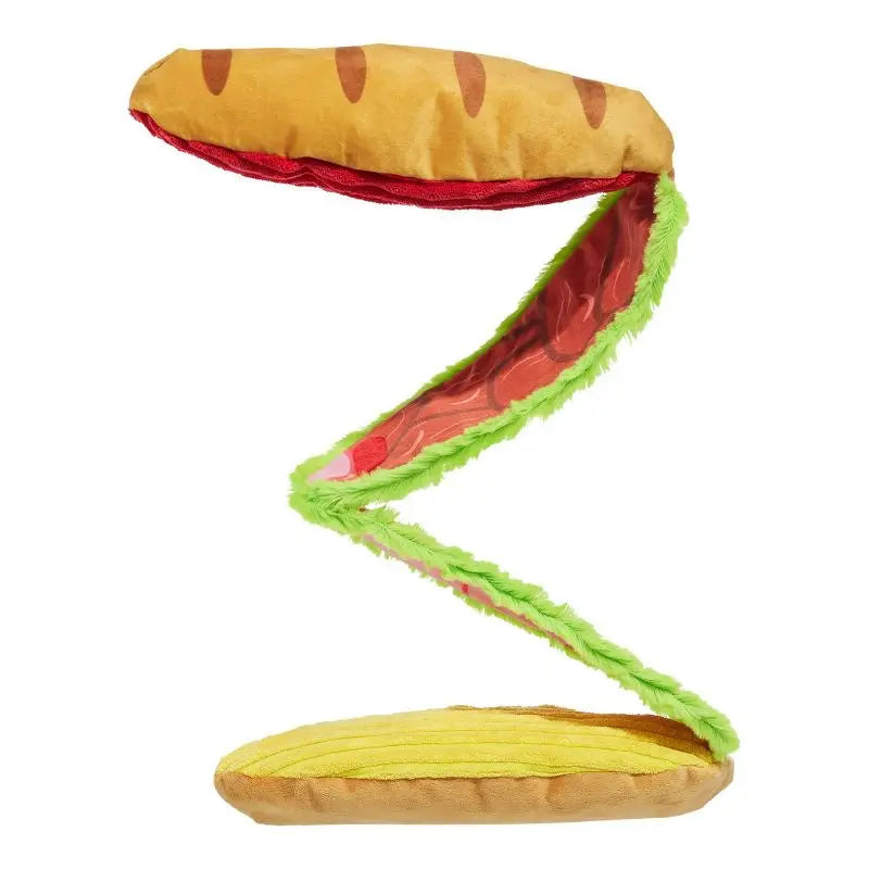Big Bite Hoagie Sandwich Dog Toy with Squeaker Crinkle Layers Unfolds 3 Feet Interactive Fetch Chew Toy for Puppies All Sizes