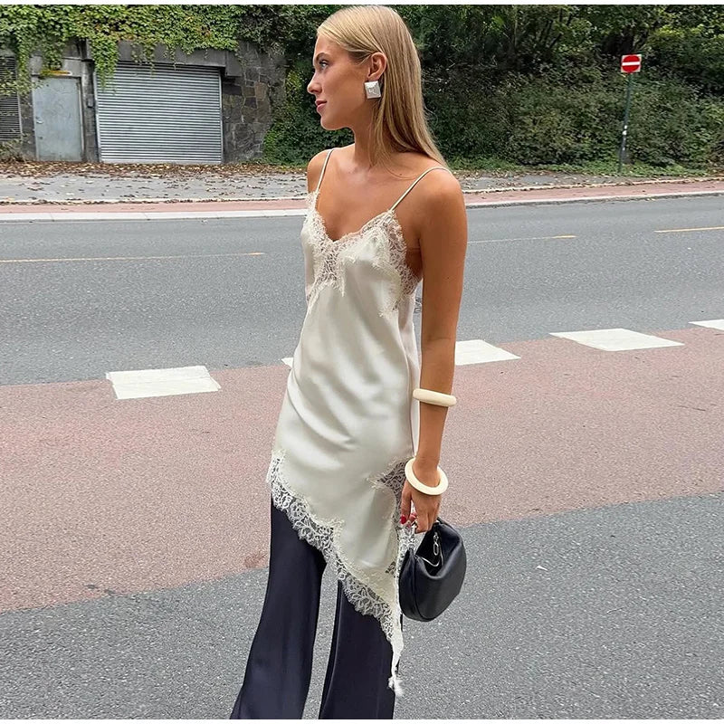 Elegant Satin Asymmetric Lace Patchwork Long Dress Women Solid V-neck Sleeveless Sling Dresses 2025 Autumn Lady High Street Robe