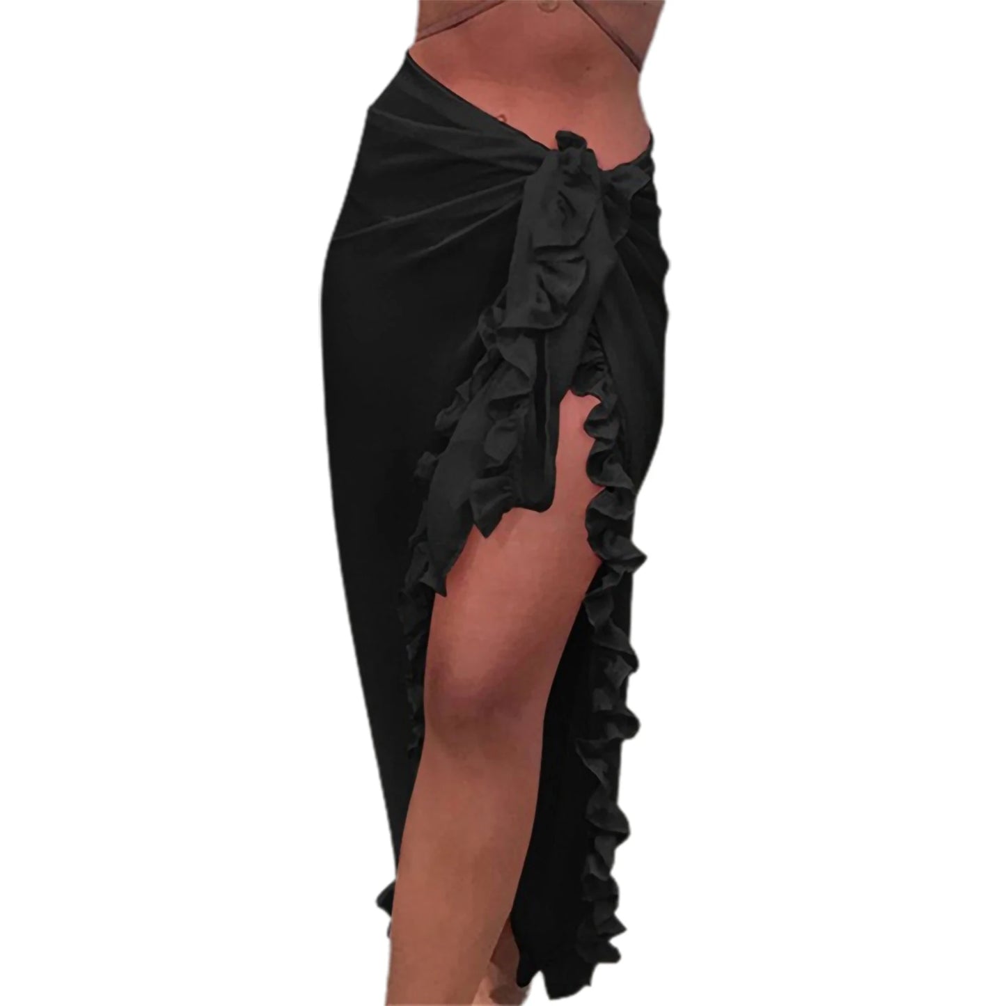 Women s Sunscreen Half Dress Ruffle Solid Color See Through Summer Beach Holiday Long Half Dress