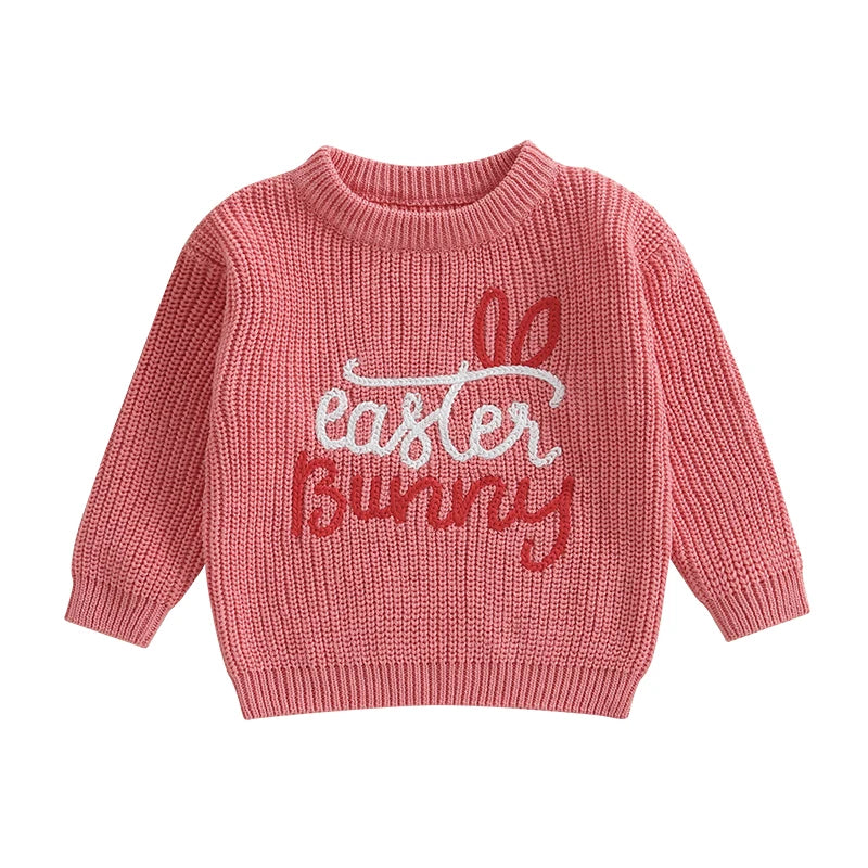 Adorable Kids Easter Sweaters with Cute Bunny Ears Design Cozy Long Sleeve Round Neck Ribbed Knit Pullover Tops for Toddlers