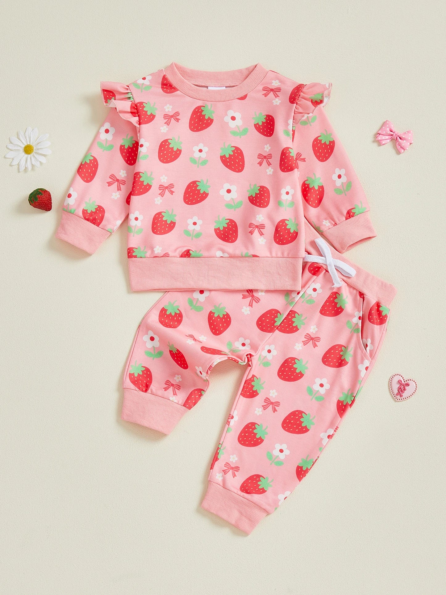 Baby Girls 2 Piece Outfits Creative Strawberry Print Long Sleeve Crew Neck Tops and Elastic Waist Pants Set