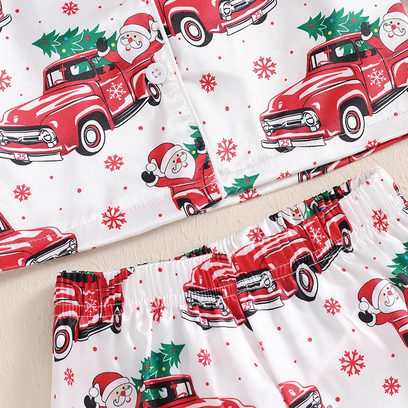 Children s Girls Christmas Pajama Set with Festive Santa Claus Design Long Sleeve Button-Up Shirt and Elastic Waist Pants for