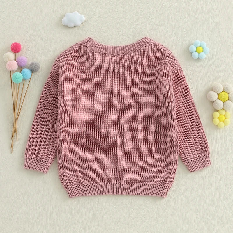 Cute Infant Pullover Sweater with Round Neck Long Sleeves Bow Detail and Embroidered Letter Design - Adorable Toddler Top
