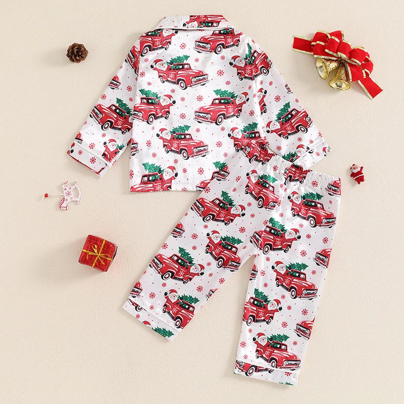 Children s Girls Christmas Pajama Set with Festive Santa Claus Design Long Sleeve Button-Up Shirt and Elastic Waist Pants for