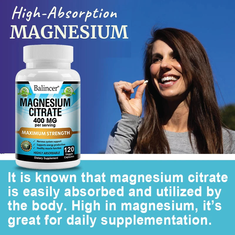 Balincer Magnesium Citrate Supplement, Supports Muscles, Nervous System, Relieves Fatigue, Supports Bone and Heart Health