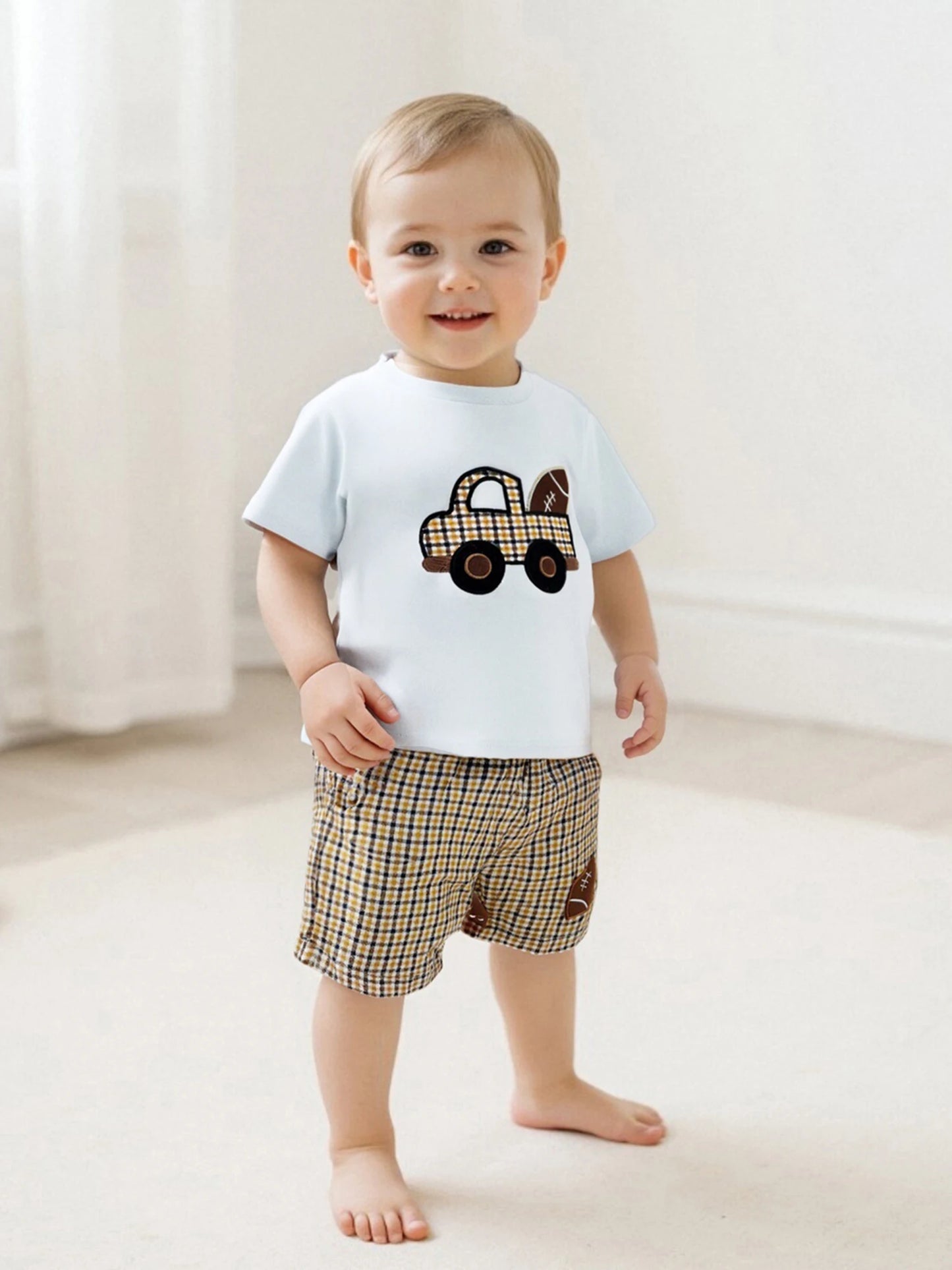 Toddler Boys Casual Summer Clothes Set with Fun Car and Rugby Embroidery Short Sleeve Tee and Plaid Shorts for a Stylish Look