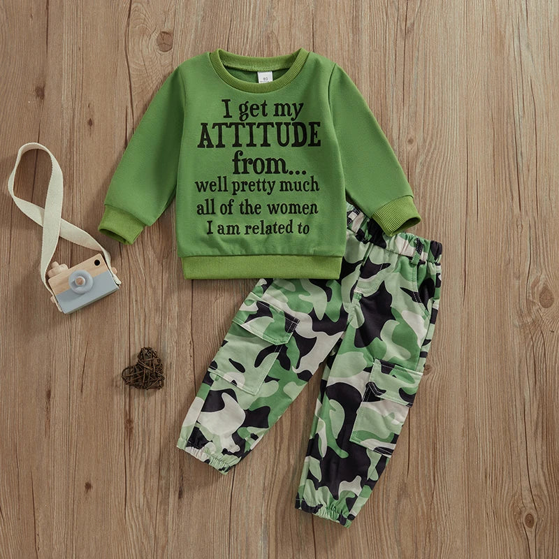 Toddler Boy Stylish Outfit Set Crew Neck Long Sleeve Graphic Tee Adjustable Waist Camo Cargo Joggers Little Boy 2 Piece Set