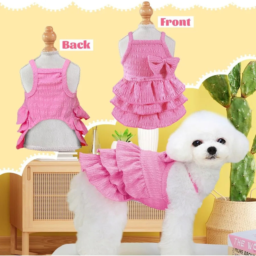 2 Pieces Dog Dress for Small Dogs Girl Puppy Sleeveless Clothes Pet Pullover Vest Skirt Cute Bow Tiered Cake Dress Pet Dog Shir
