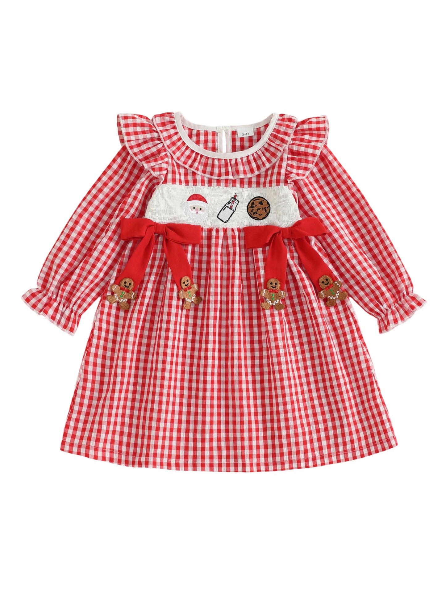 Girls Christmas Dress Long Sleeve Crew Neck Plaid Embroidery Santa Claus Winter Dress with Bow Detail