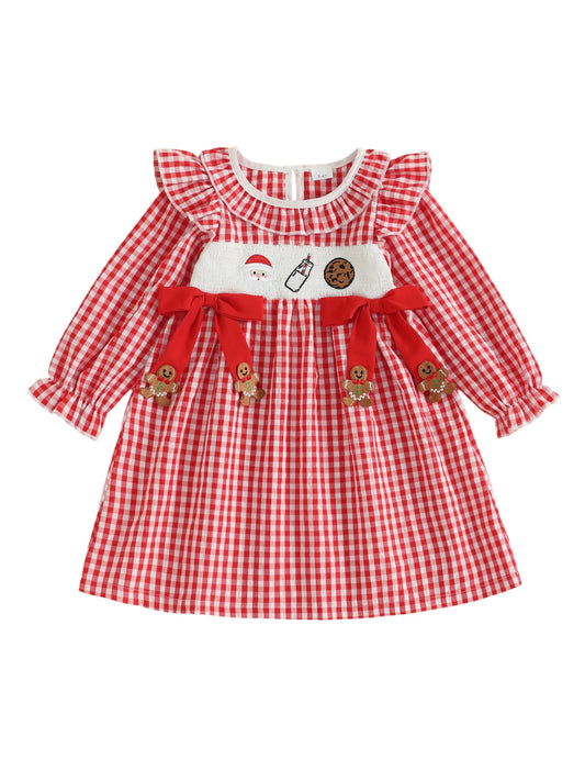 Girls Christmas Dress Long Sleeve Crew Neck Plaid Embroidery Santa Claus Winter Dress with Bow Detail