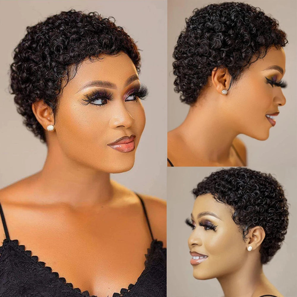 Pixie Cut Kinky Curly Wig-Natural Black 99J 30# 27# Brazilian Human Hair, 150% Density for Everyday Machine Made Wig