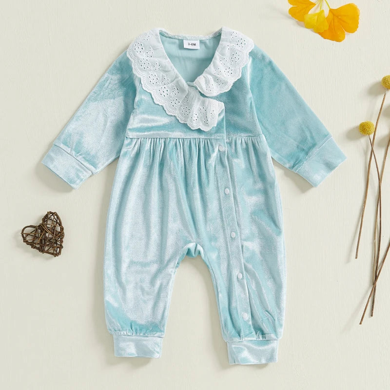 Cute Toddler Unisex Velvet Jumpsuit with Lace Detail and Doll Collar Warm Winter Romper for Baby Boy or Girl