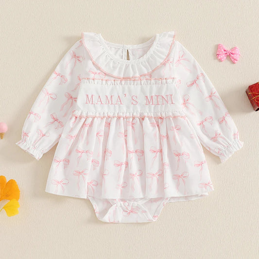 Adorable Toddler Autumn Overall Outfit with Cute Floral Embroidery and Bow Detail Long Sleeve Romper Dress for Baby Girl