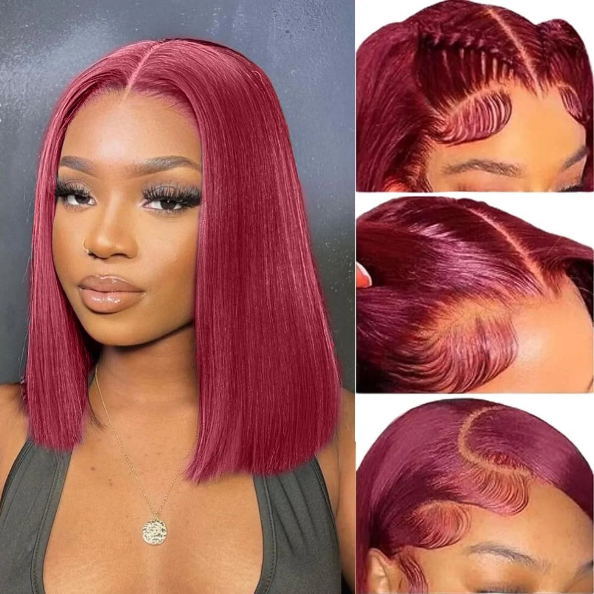 Short Straight Bob Wig Lace Front Human Hair Wigs Ombre Blonde 99J Burgundy Black 13x4 HD Transparent Lace Frontal Wig For Women