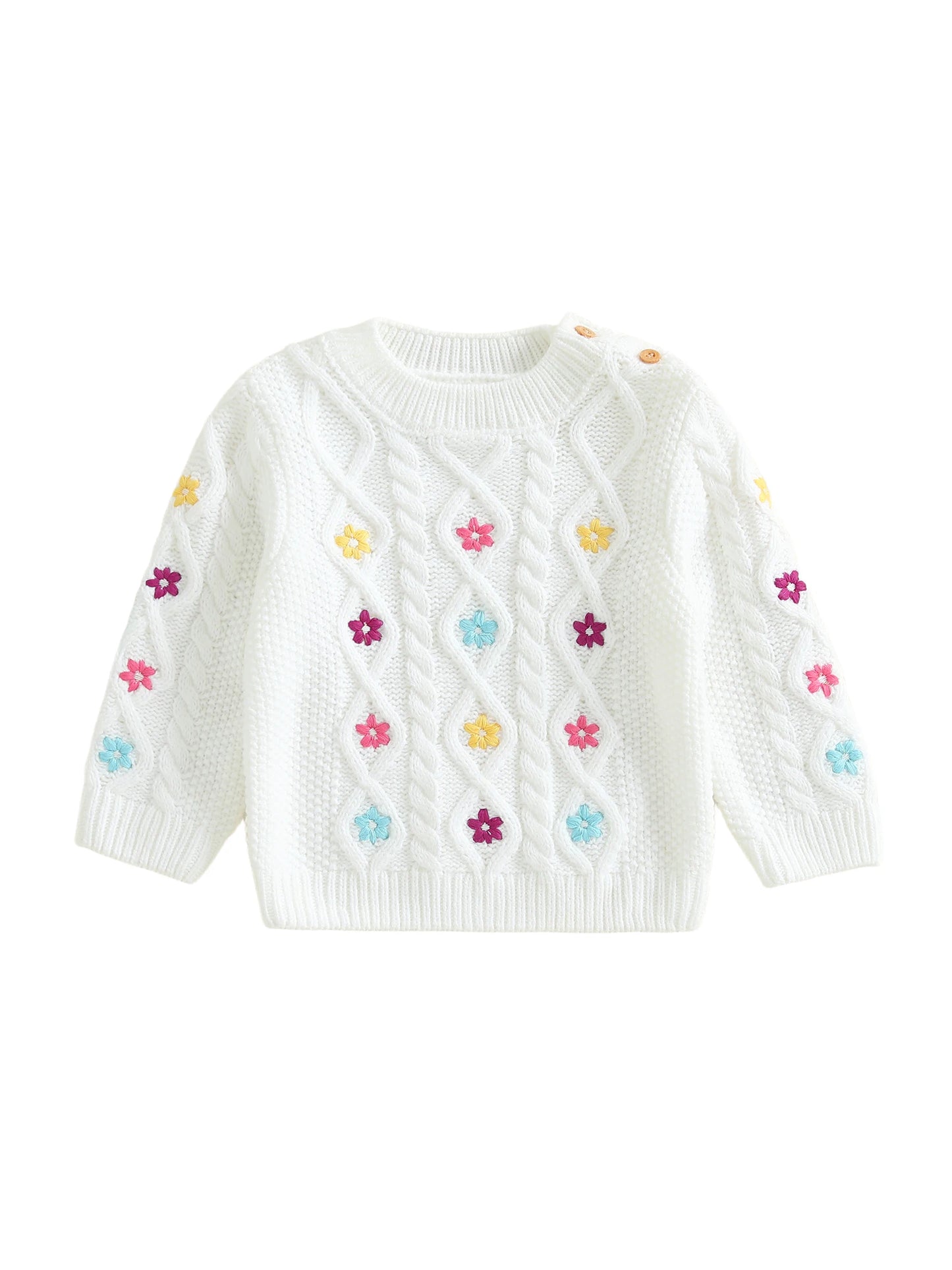 Infant Girls Floral Embroidered Knit Sweater with Crew Neck Jacquard Design and Long Sleeves - Adorable Pullover Top