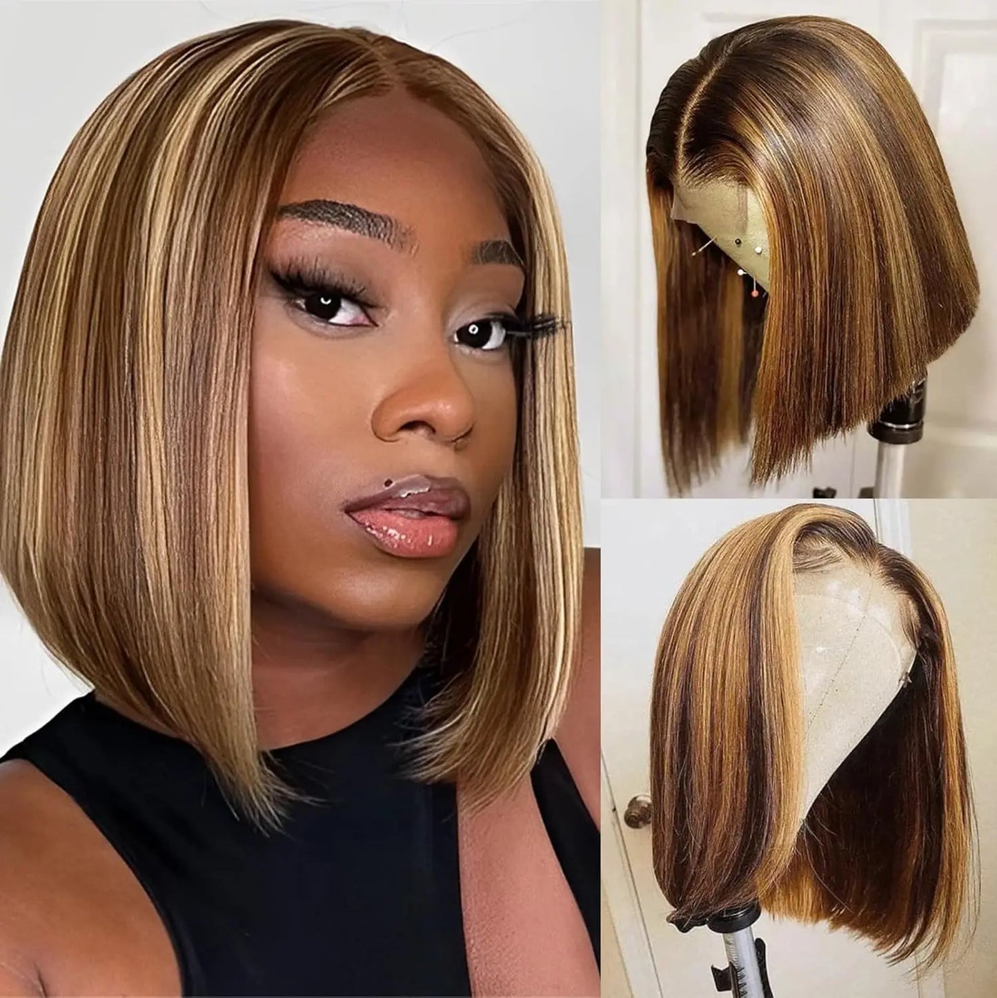 Short Straight Bob Wig Lace Front Human Hair Wigs Ombre Blonde 99J Burgundy Black 13x4 HD Transparent Lace Frontal Wig For Women