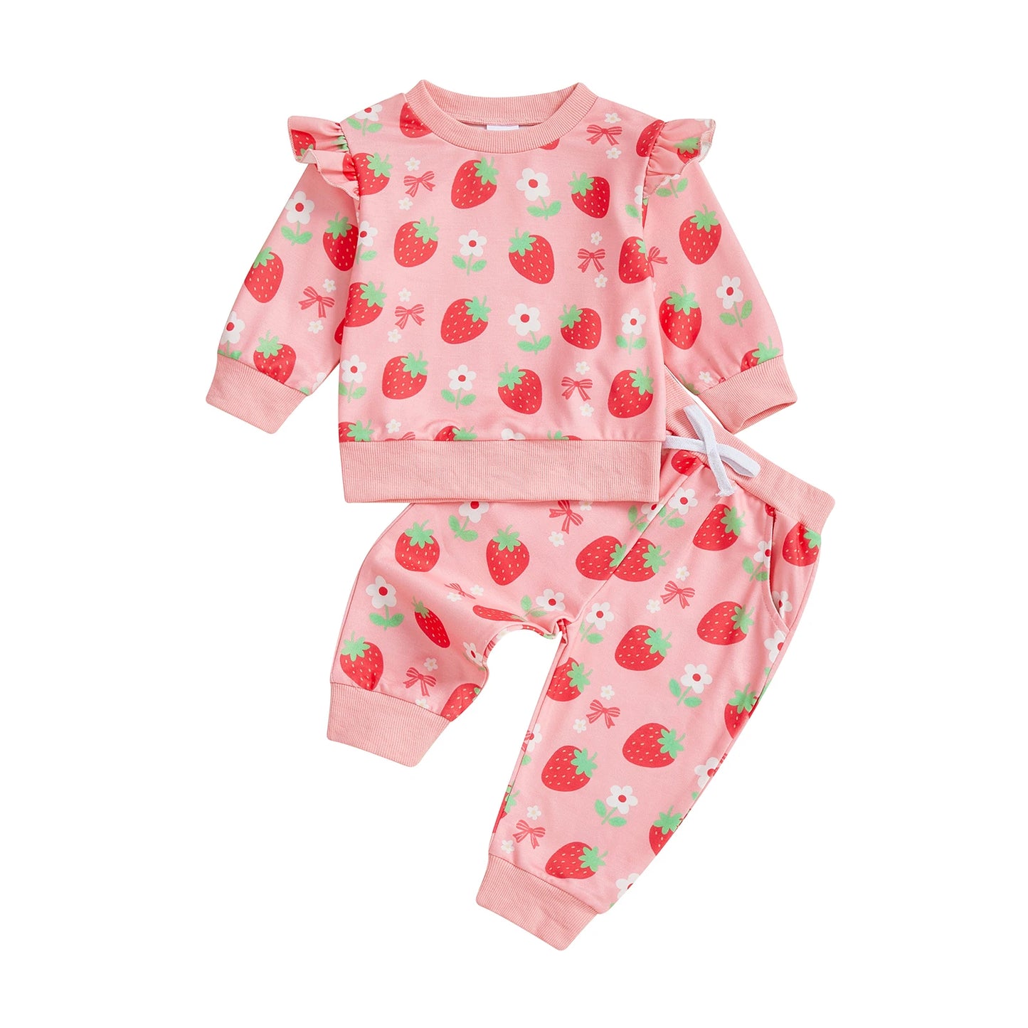 Baby Girls 2 Piece Outfits Creative Strawberry Print Long Sleeve Crew Neck Tops and Elastic Waist Pants Set