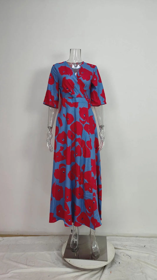 Spring Summer Women Fashion V Neck Belted Party Long Dress Sexy Printing  Boho Maxi Dresses Short Sleeve Pocket Femlae Holiday