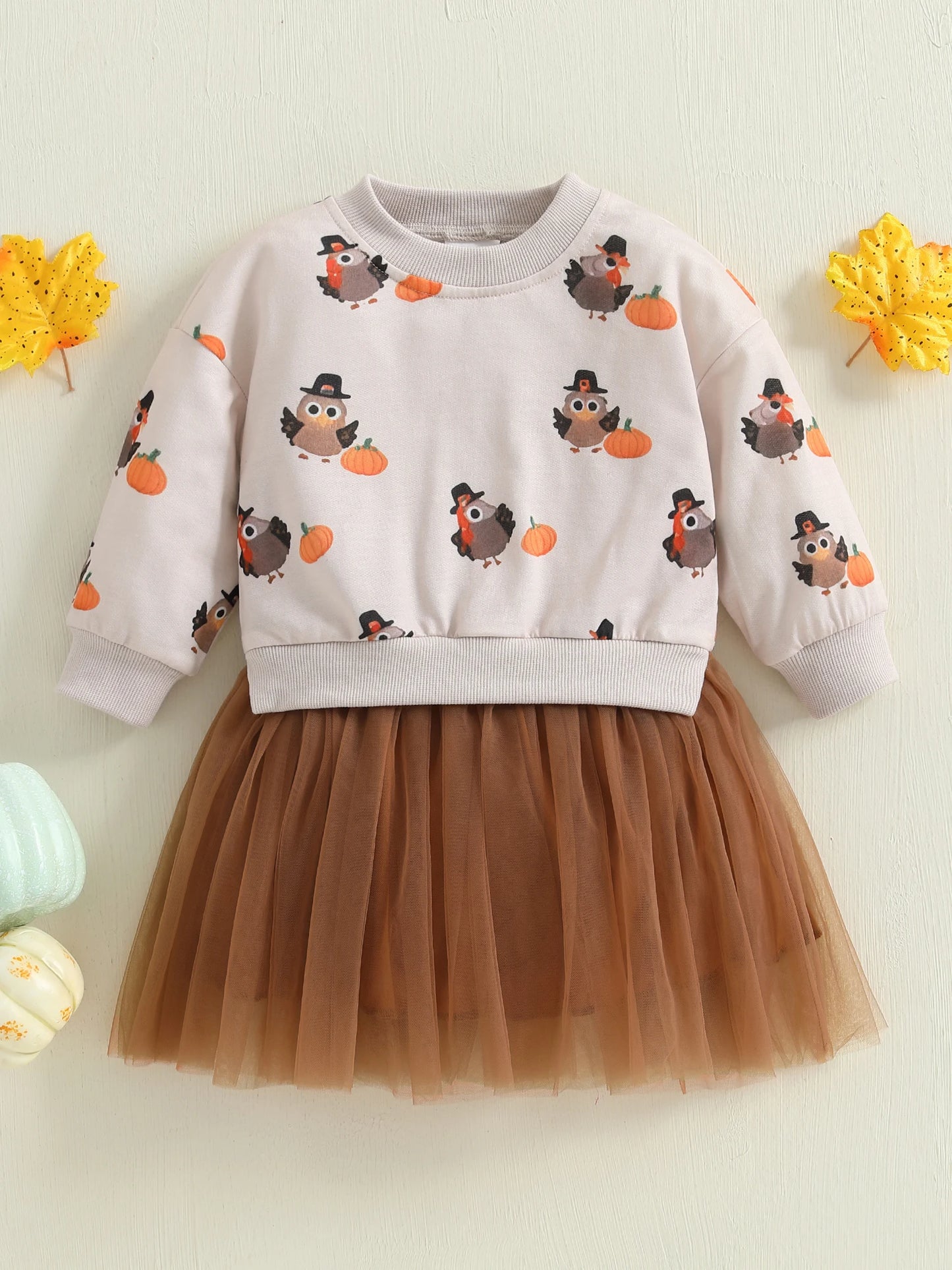 Toddler Girl Thanksgiving Tutu Dress Turkey Pumpkin Print Faux Two-Piece Crew Neck Long Sleeve Sweater Dress with Tulle