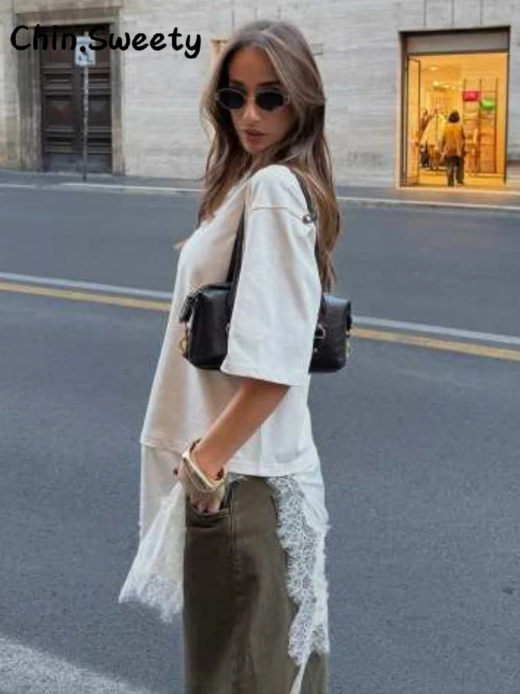 Elegant Satin Asymmetric Lace Patchwork Long Dress Women Solid V-neck Sleeveless Sling Dresses 2025 Autumn Lady High Street Robe