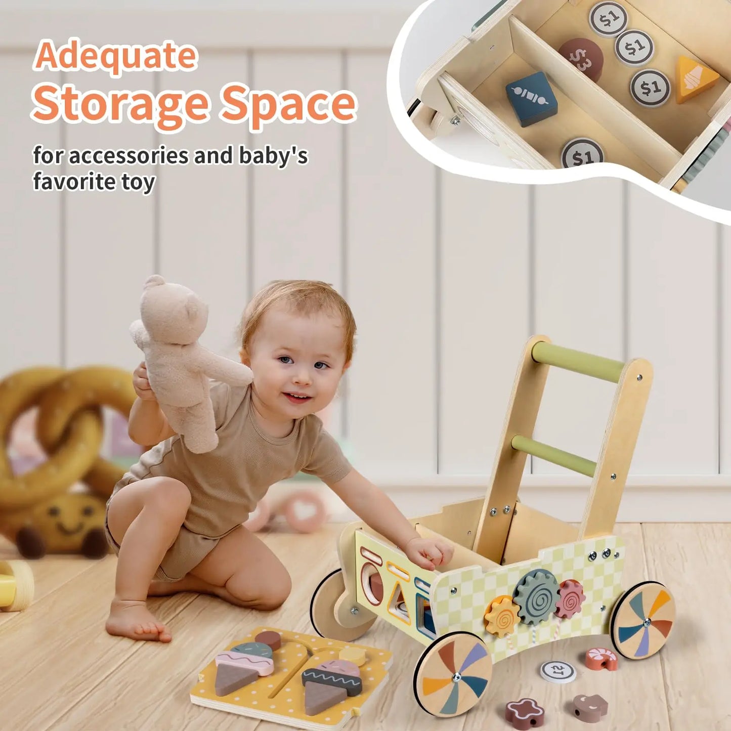 Wooden Baby Push Walker, Kids Play Kitchen Shopping Cart, Baby Walking Toys Activity Center  For 1 2 Year Old Girl Boys Gifts