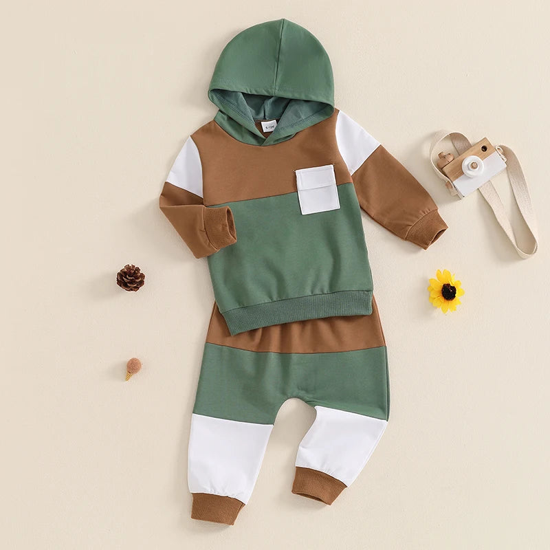 Baby Boy Fall Clothes Contrast Colors Long Sleeve Hooded Sweatshirt and Elastic Sweatpants 2 Piece Track Suit