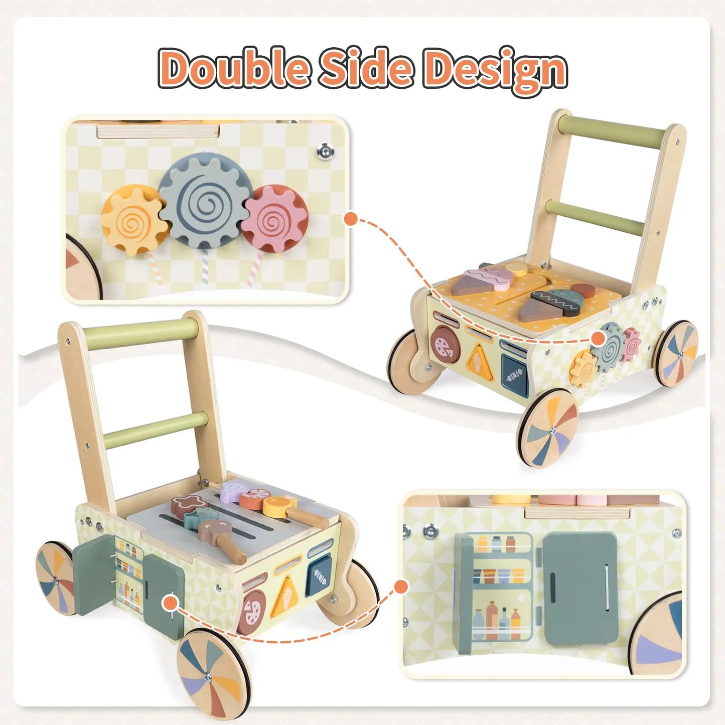 Wooden Baby Push Walker, Kids Play Kitchen Shopping Cart, Baby Walking Toys Activity Center  For 1 2 Year Old Girl Boys Gifts