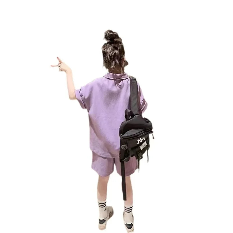 Girls Summer Leisure Suit New Sportswear Children's Summer Casual Wear Children Korean Girls Short-Sleeved Shorts Two-Piece Suit