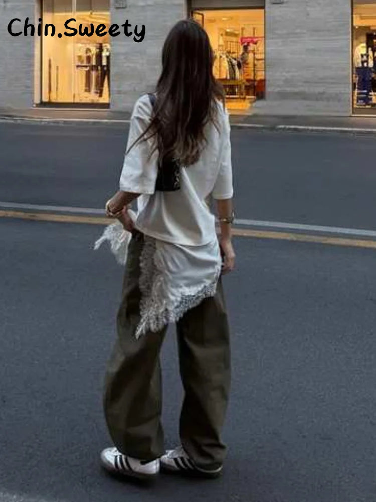 Elegant Satin Asymmetric Lace Patchwork Long Dress Women Solid V-neck Sleeveless Sling Dresses 2025 Autumn Lady High Street Robe