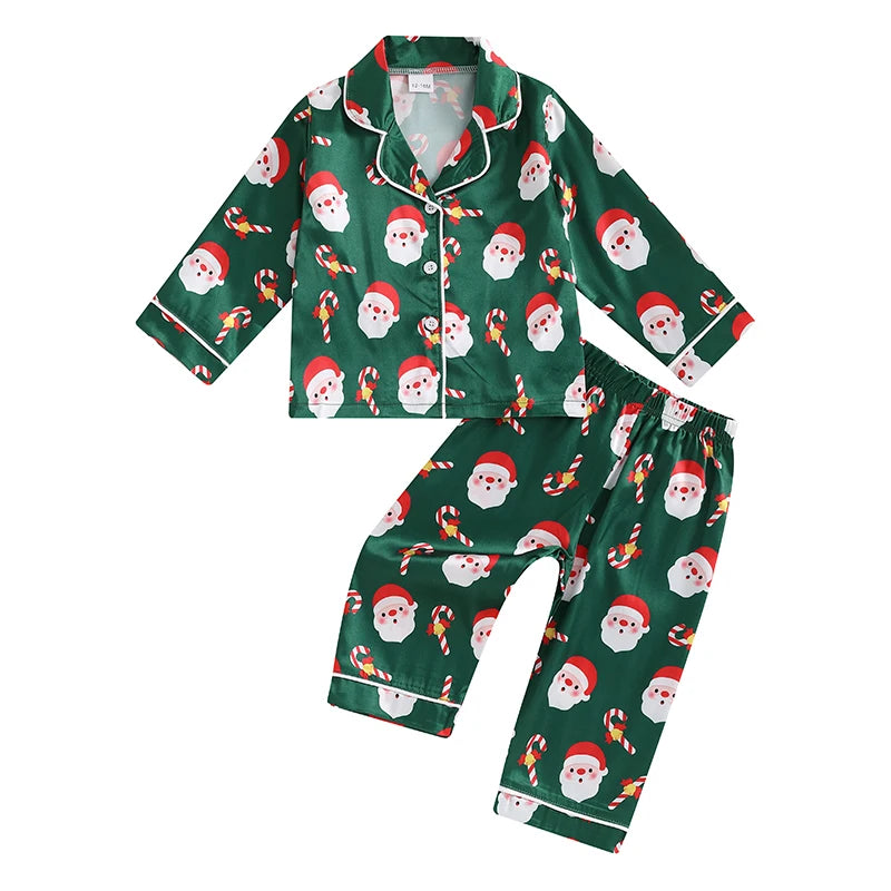 Children s Girls Christmas Pajama Set with Festive Santa Claus Design Long Sleeve Button-Up Shirt and Elastic Waist Pants for