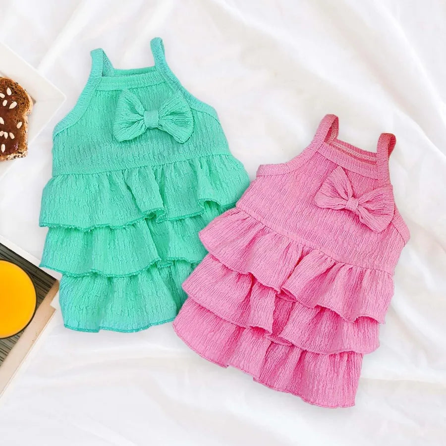 2 Pieces Dog Dress for Small Dogs Girl Puppy Sleeveless Clothes Pet Pullover Vest Skirt Cute Bow Tiered Cake Dress Pet Dog Shir