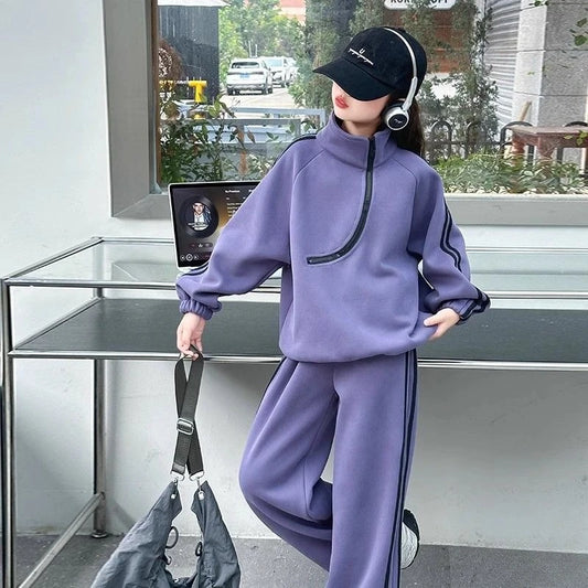 Top & Pants 2-Piece Set Fleece-lined Sweatshirt Girls Winter Clothing Girls' Autumn Clothes Korean Children's 2025 Wear Girl Two