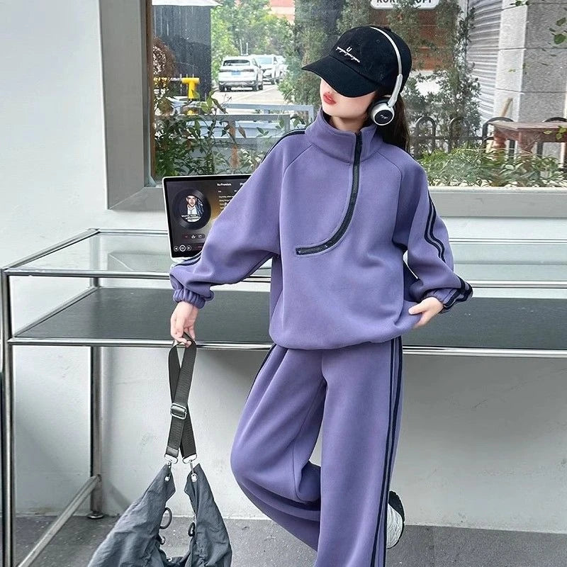 Top & Pants 2-Piece Set Fleece-lined Sweatshirt Girls Winter Clothing Girls' Autumn Clothes Korean Children's 2025 Wear Girl Two