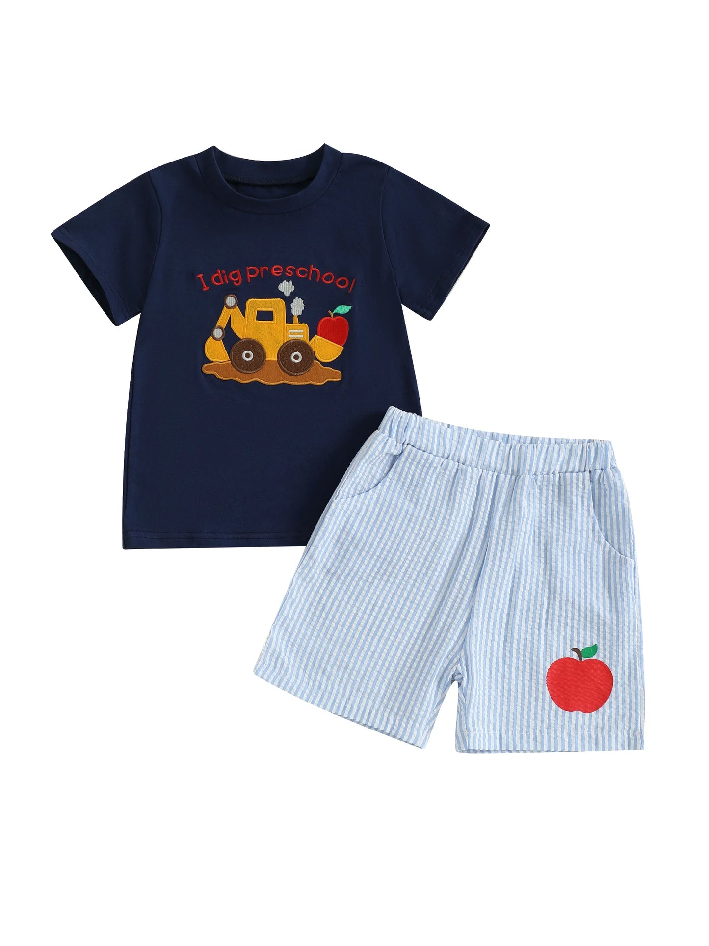 Boys Summer Outfit Set with Short Sleeve O Neck Dinosaur Embroidery Tops and Plaid Shorts for a Stylish Look
