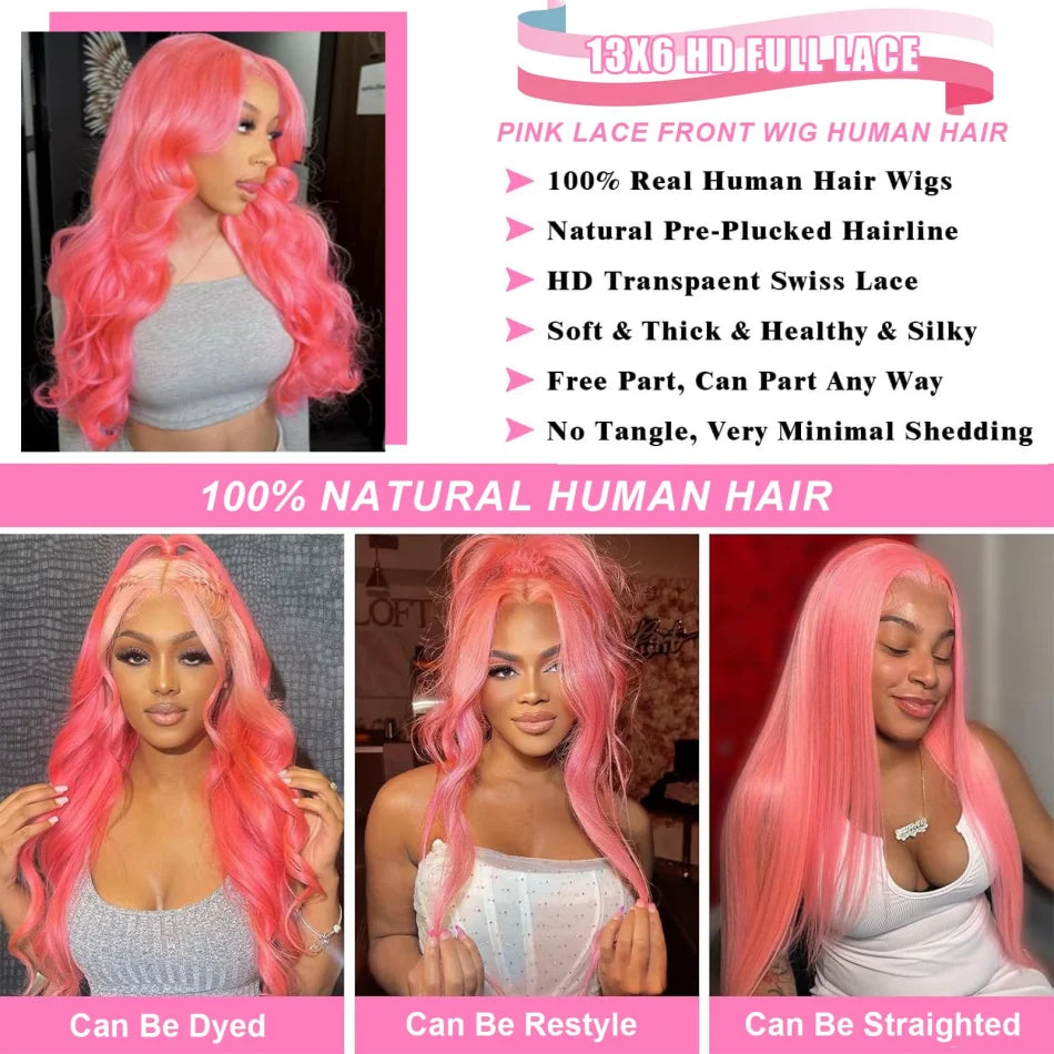 Pink Wig Body Wave Human Hair Wigs 13X6 Hd Lace Frontal Wig 30 32 Inch 13X4 Lace Front Wigs 250 Density Brazilian Hair For Women
