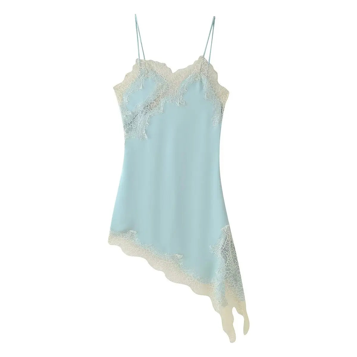 Elegant Satin Asymmetric Lace Patchwork Long Dress Women Solid V-neck Sleeveless Sling Dresses 2025 Autumn Lady High Street Robe