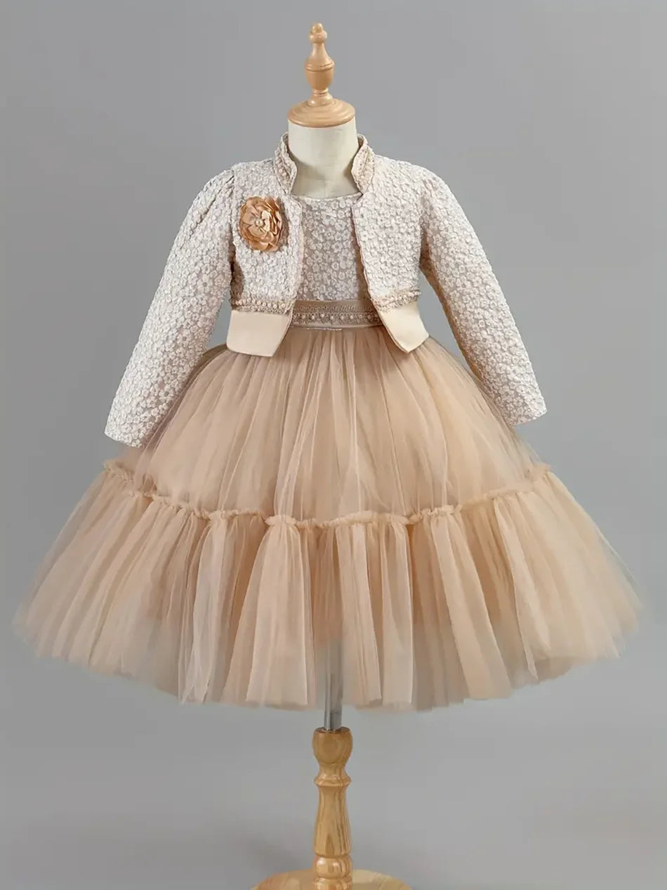 Girls Dress Set Spring Autumn Khaki Lotus Lace 2024 Fashion New Children Clothes Cute Princess Dresses and Coat Outfits 2-8 Year