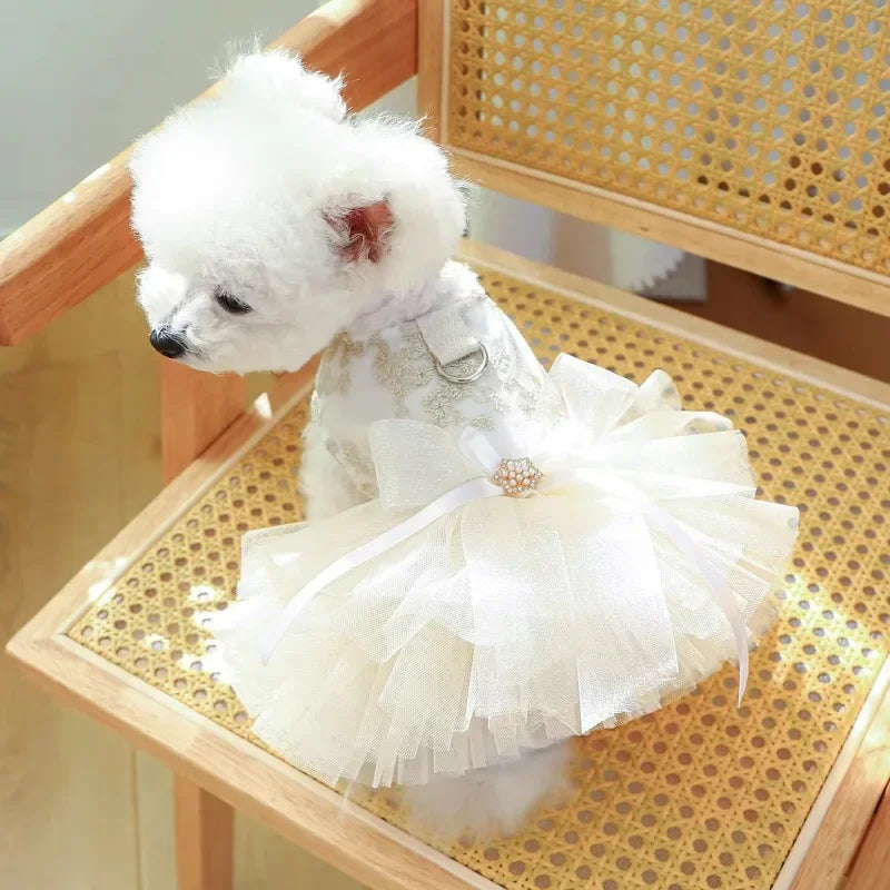1 Pet Apparel Dog Spring/Summer Breathable White Wedding Dress Princess Dress with Pulling Cord Button For Small Medium Dogs