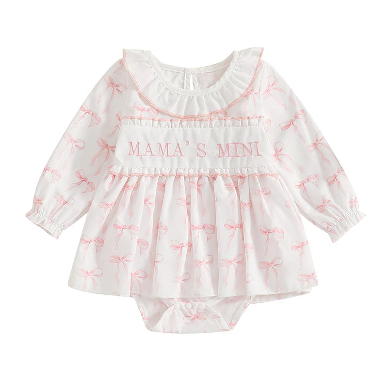 Adorable Toddler Autumn Overall Outfit with Cute Floral Embroidery and Bow Detail Long Sleeve Romper Dress for Baby Girl