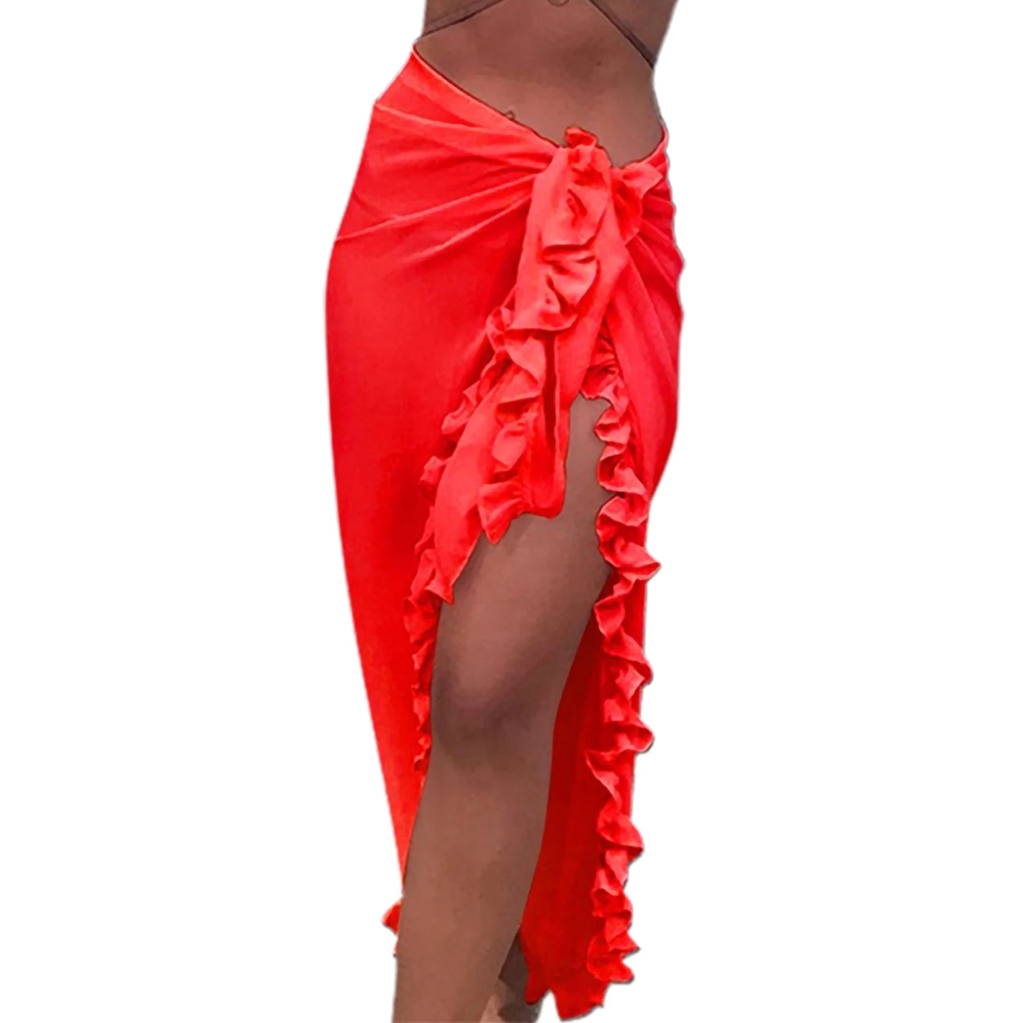 Women s Sunscreen Half Dress Ruffle Solid Color See Through Summer Beach Holiday Long Half Dress