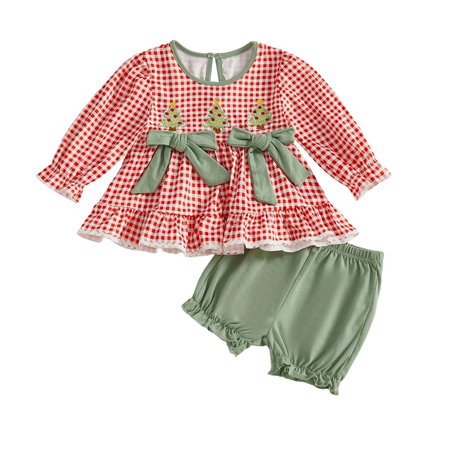 2Pcs Baby Girl Christmas Outfits Long Sleeve Plaid Print Tops Shorts Set Newborn Clothes