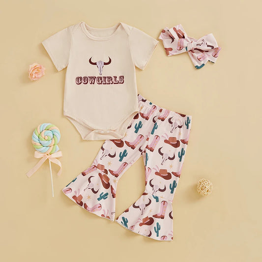 Adorable Baby Girls 3-Piece Outfit Set with Short Sleeve Romper Cow Print Boots and Matching Headband - Western Cowgirl Theme