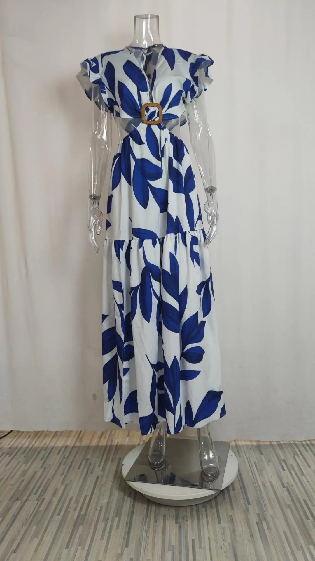 Spring Summer Women Fashion V Neck Belted Party Long Dress Sexy Printing  Boho Maxi Dresses Short Sleeve Pocket Femlae Holiday