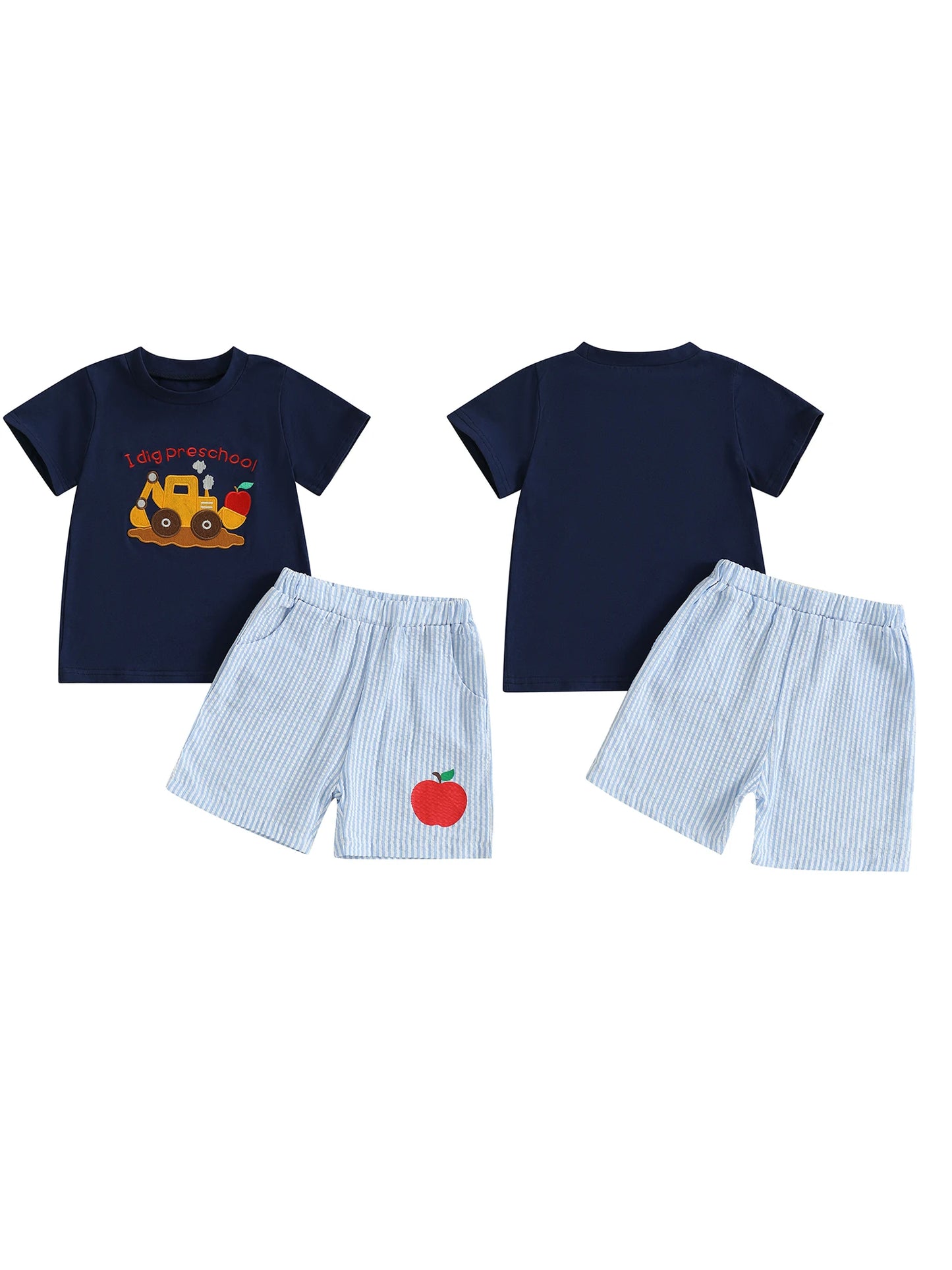 Boys Summer Outfit Set with Short Sleeve O Neck Dinosaur Embroidery Tops and Plaid Shorts for a Stylish Look