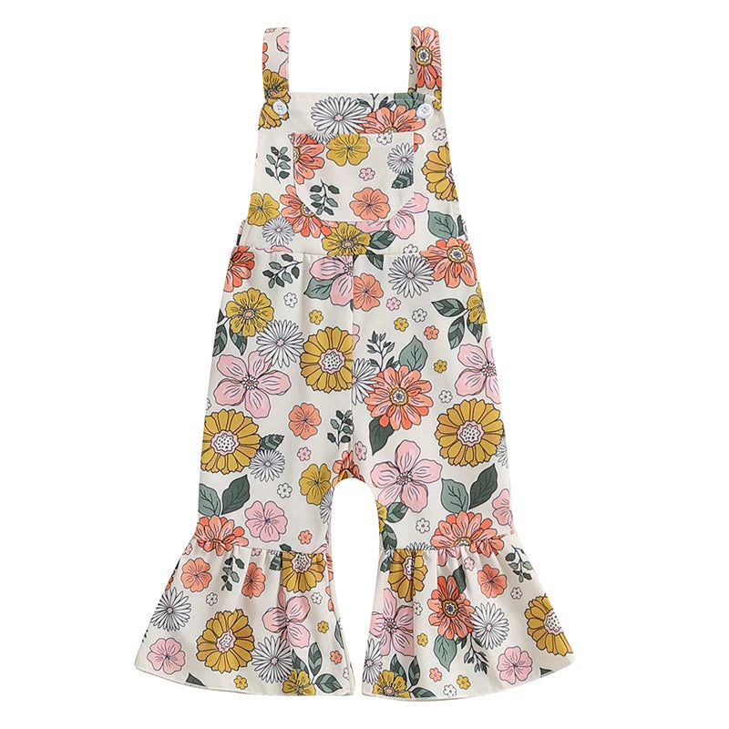 Toddler Girl Denim Overalls with Adjustable Straps and Embroidered Flower Detail Sleeveless Jumpsuit with Front Pocket