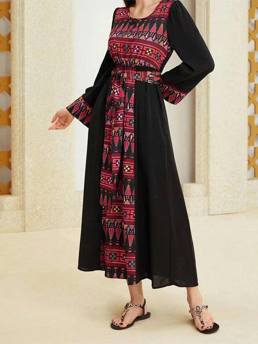 Elegant Floral Print Maxi Dress with Long Sleeves and Smocked Waist for Women s Fall Fashion Arab Style Dress