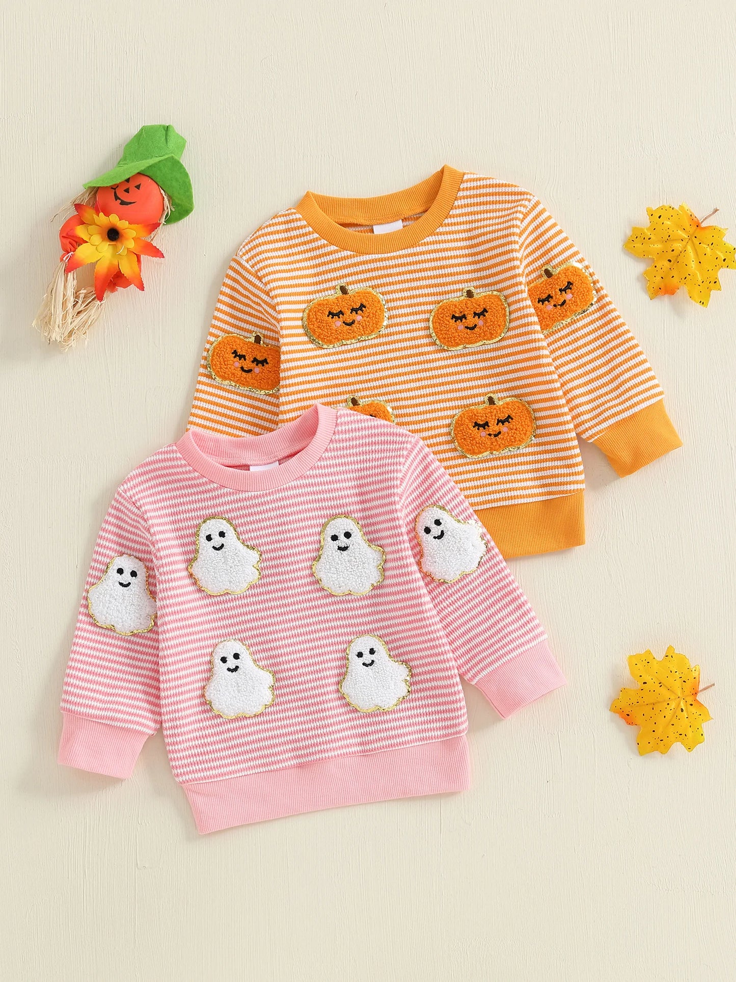 Children s Girls Hooded Sweatshirt Halloween Pumpkin Ghost Print Long Sleeve Pullover with Striped Design Crew Neck Costume
