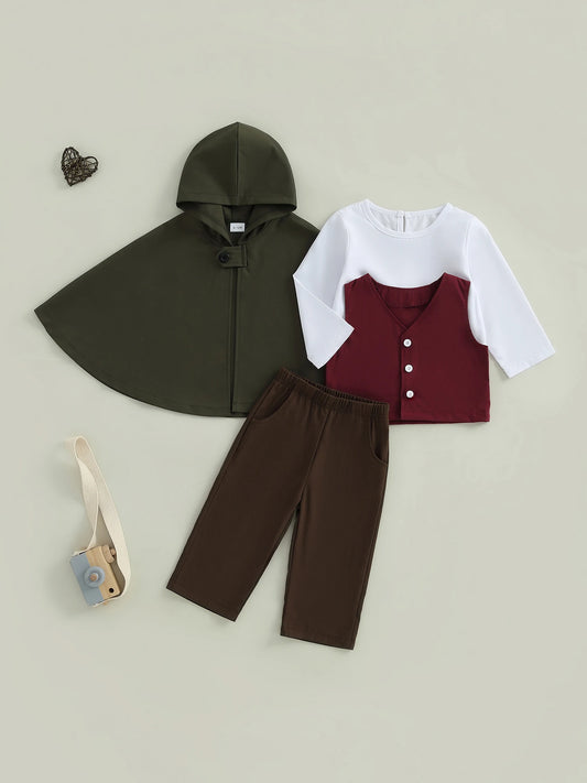 Baby Boy Formal Wear Set Solid Color Long Sleeve Round Neck Top Elastic Waist Pants Cape Vest 4 Piece Outfit