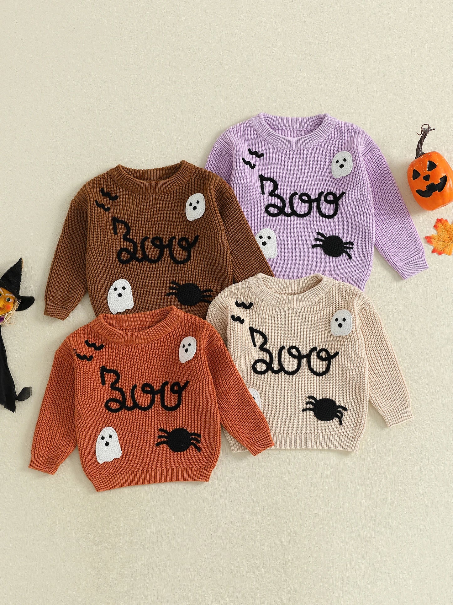 Toddler Halloween Ghost Spider Embroidery Long Sleeve Sweater Casual Pullover Knitwear Warm Clothes for Baby Boy Girl