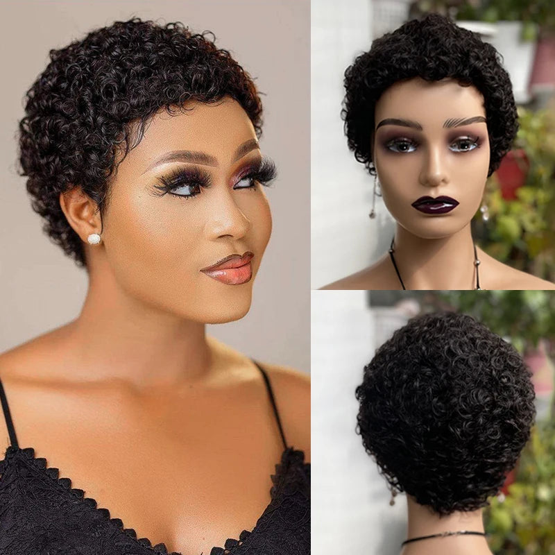 Pixie Cut Kinky Curly Wig-Natural Black 99J 30# 27# Brazilian Human Hair, 150% Density for Everyday Machine Made Wig